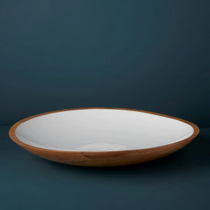 MANGO WOOD ROUND LOW BOWL WITH WHITE ENAMEL LINING