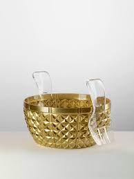GOLD SALAD BOWL AND SERVERS IN CLEAR